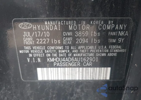 2010 Hyundai Elantra Gls z USA, uszkodzony, nr VIN KMHDU4AD6AU162901